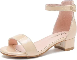Dufannie Girls Sandals Low Heels Dress Pump Ankle Strap Open Toe Flower Girl Wedding Party for Toddler Little Big Kid