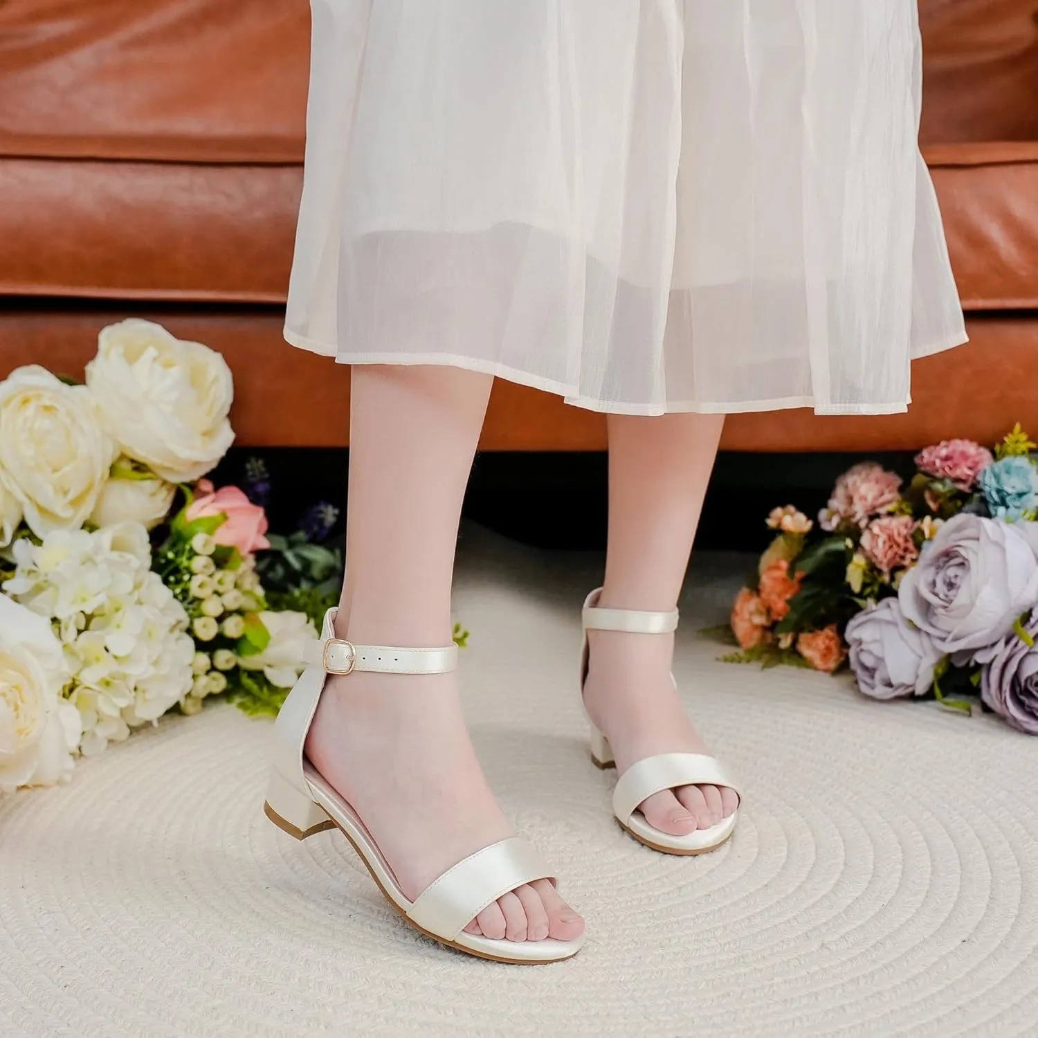 Dufannie Girls Sandals Low Heels Dress Pump Ankle Strap Open Toe Flower Girl Wedding Party for Toddler Little Big Kid