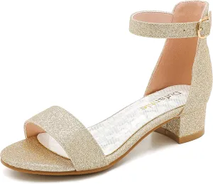Dufannie Girls Sandals Low Heels Dress Pump Ankle Strap Open Toe Flower Girl Wedding Party for Toddler Little Big Kid