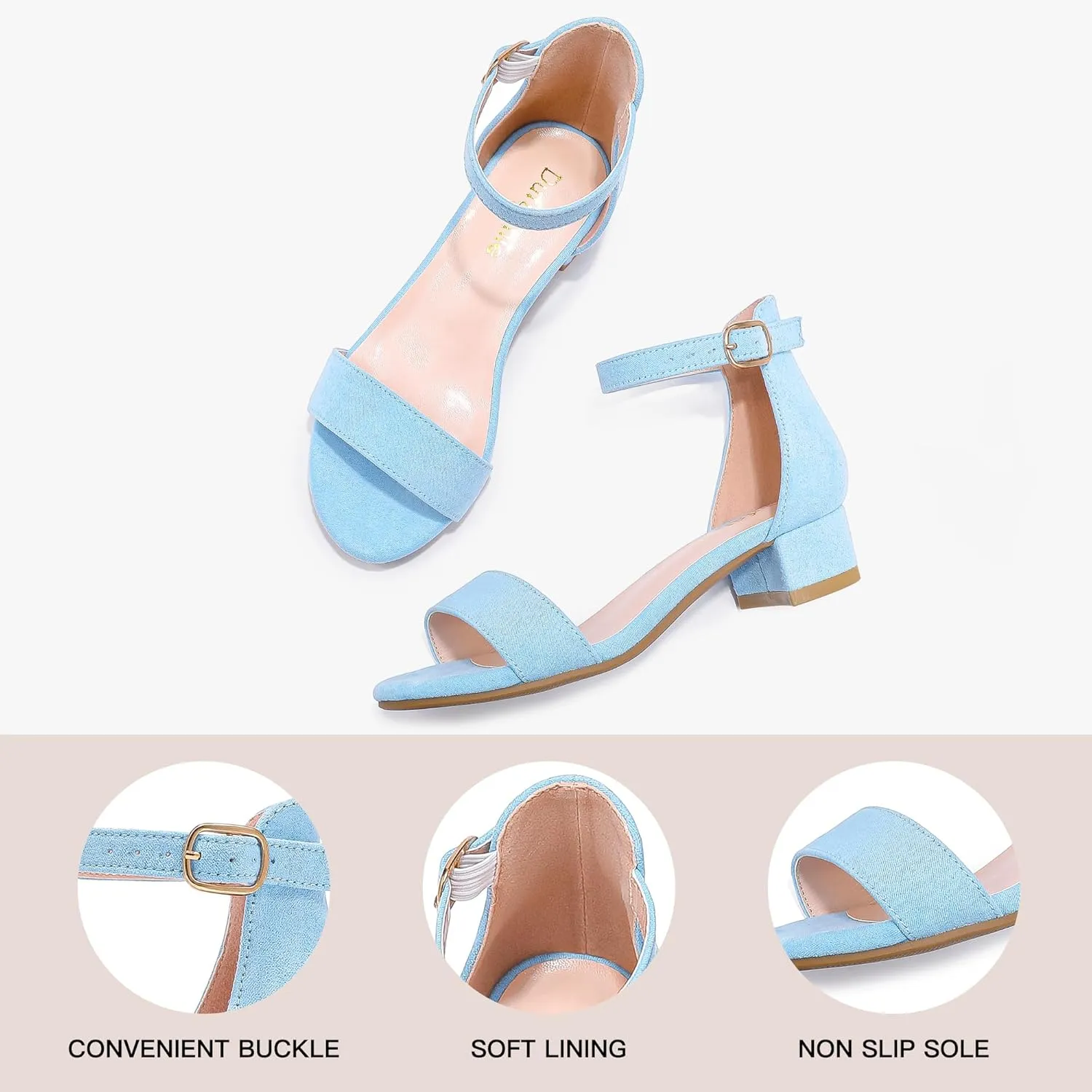 Dufannie Girls Sandals Low Heels Dress Pump Ankle Strap Open Toe Flower Girl Wedding Party for Toddler Little Big Kid