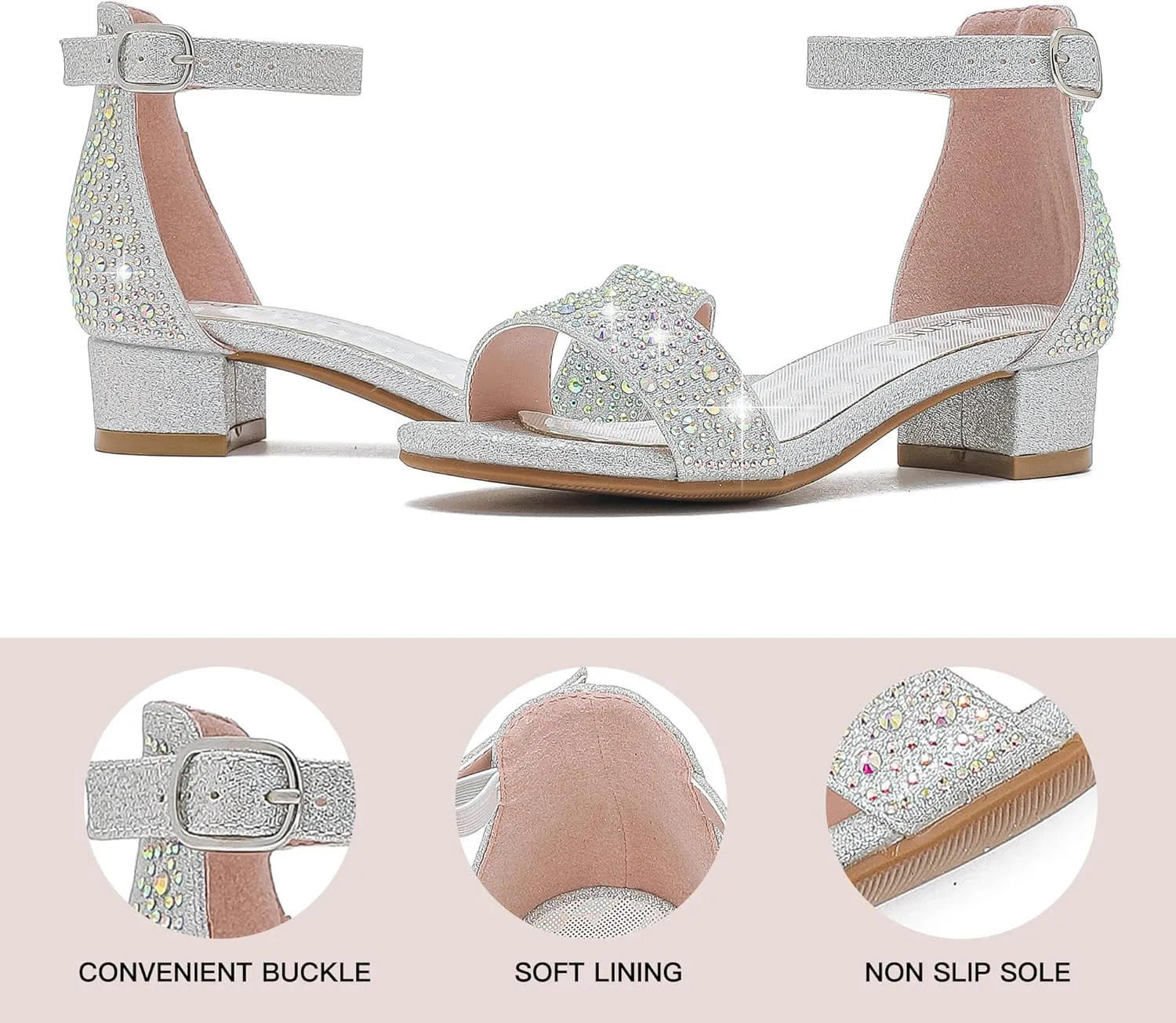 Dufannie Girls Sandals Low Heels Dress Pump Ankle Strap Open Toe Flower Girl Wedding Party for Toddler Little Big Kid