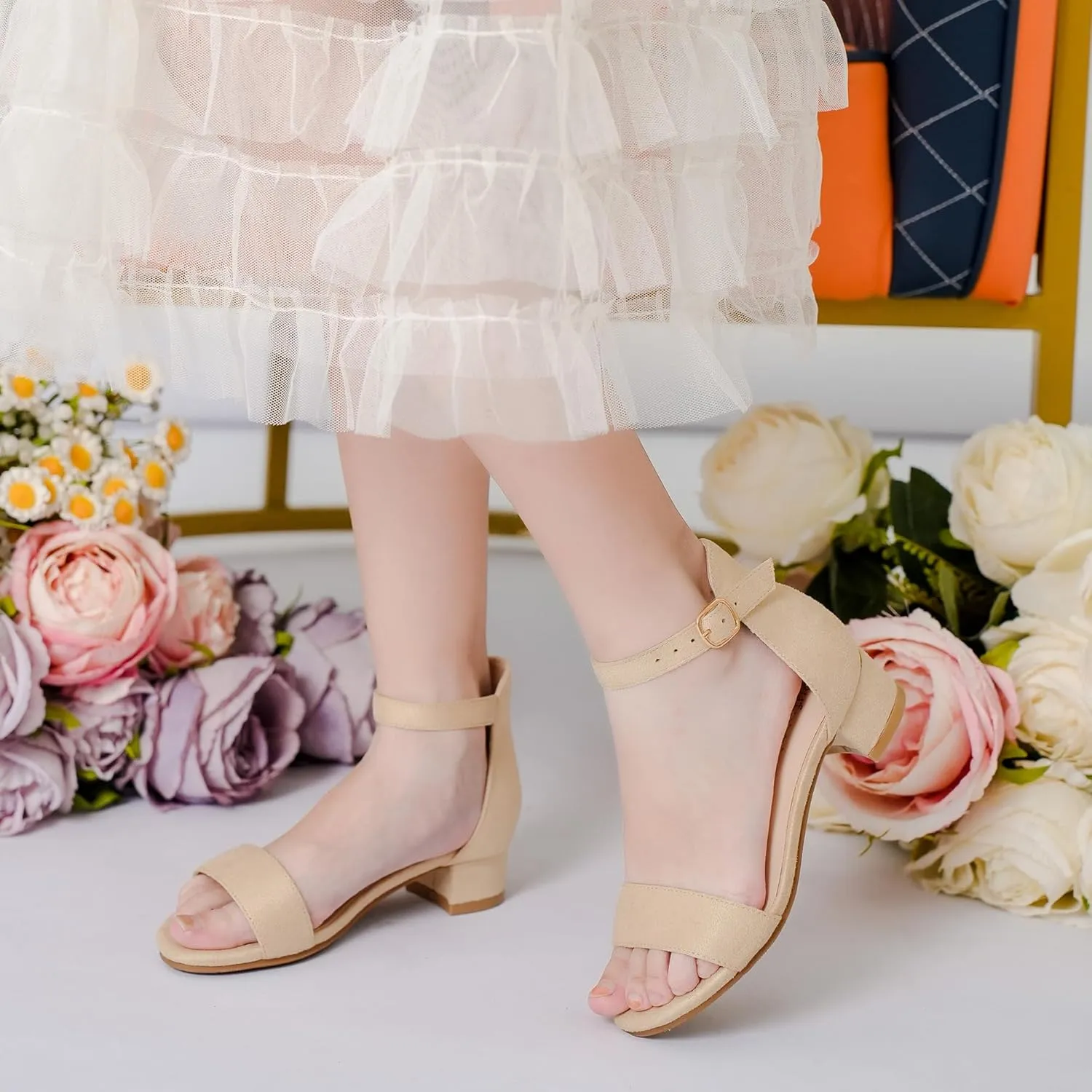 Dufannie Girls Sandals Low Heels Dress Pump Ankle Strap Open Toe Flower Girl Wedding Party for Toddler Little Big Kid