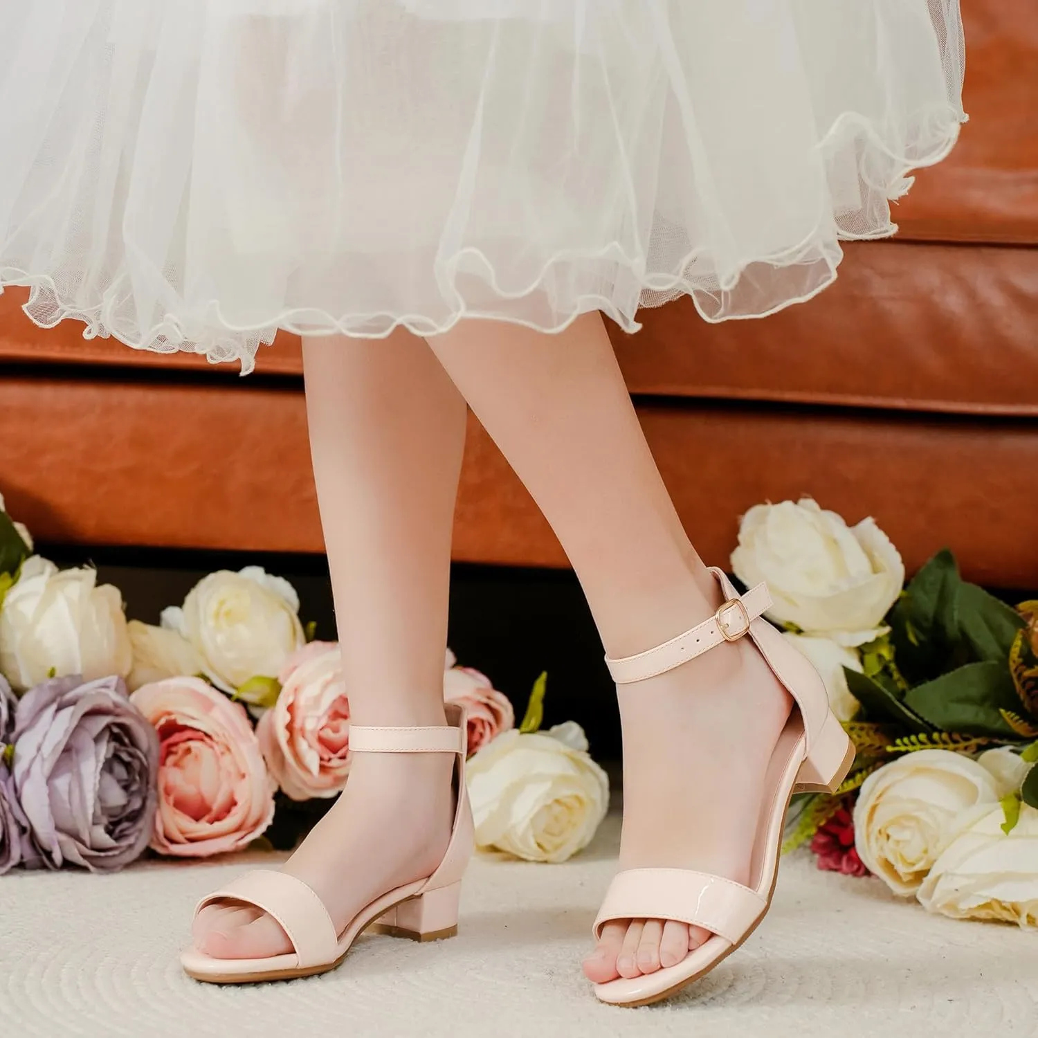 Dufannie Girls Sandals Low Heels Dress Pump Ankle Strap Open Toe Flower Girl Wedding Party for Toddler Little Big Kid