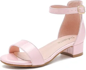 Dufannie Girls Sandals Low Heels Dress Pump Ankle Strap Open Toe Flower Girl Wedding Party for Toddler Little Big Kid
