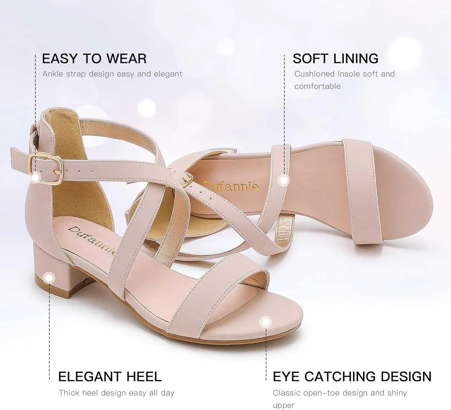 Dufannie Girls Sandals Low Heels Dress Pump Ankle Strap Open Toe Flower Girl Wedding Party for Toddler Little Big Kid