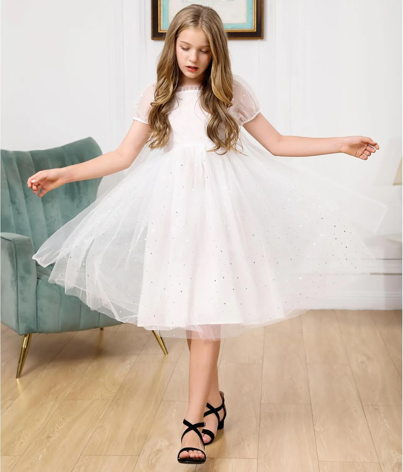 Dufannie Girls Sandals Low Heels Dress Pump Ankle Strap Open Toe Flower Girl Wedding Party for Toddler Little Big Kid