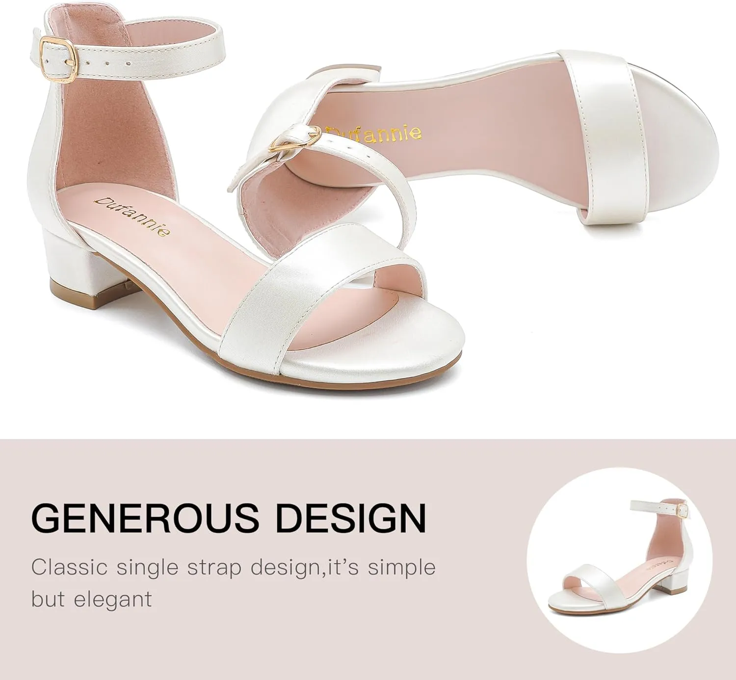Dufannie Girls Sandals Low Heels Dress Pump Ankle Strap Open Toe Flower Girl Wedding Party for Toddler Little Big Kid