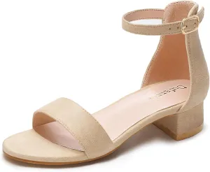 Dufannie Girls Sandals Low Heels Dress Pump Ankle Strap Open Toe Flower Girl Wedding Party for Toddler Little Big Kid