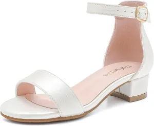 Dufannie Girls Sandals Low Heels Dress Pump Ankle Strap Open Toe Flower Girl Wedding Party for Toddler Little Big Kid