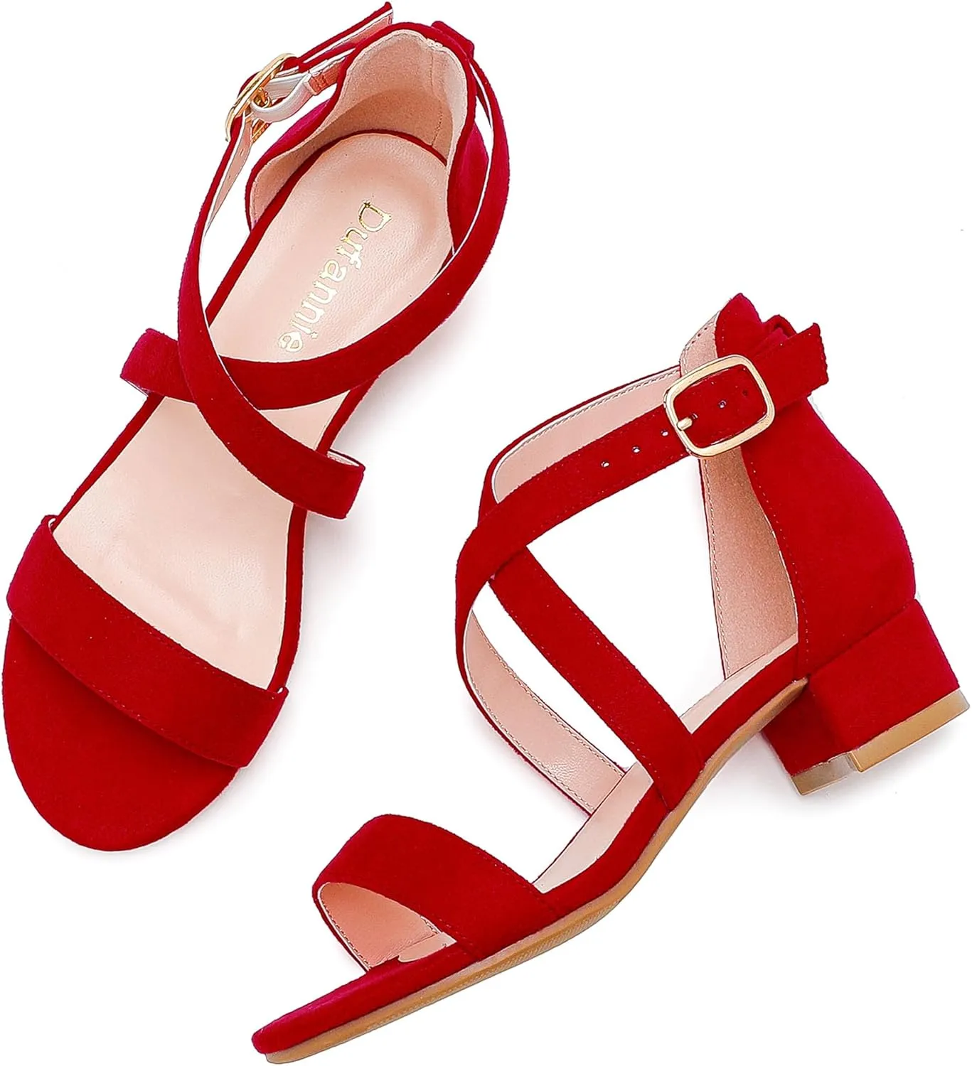 Dufannie Girls Sandals Low Heels Dress Pump Ankle Strap Open Toe Flower Girl Wedding Party for Toddler Little Big Kid