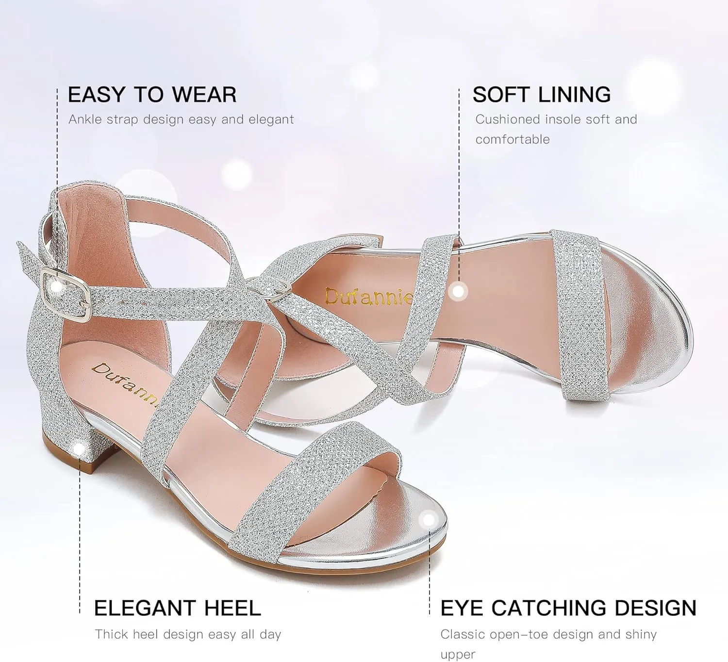Dufannie Girls Sandals Low Heels Dress Pump Ankle Strap Open Toe Flower Girl Wedding Party for Toddler Little Big Kid