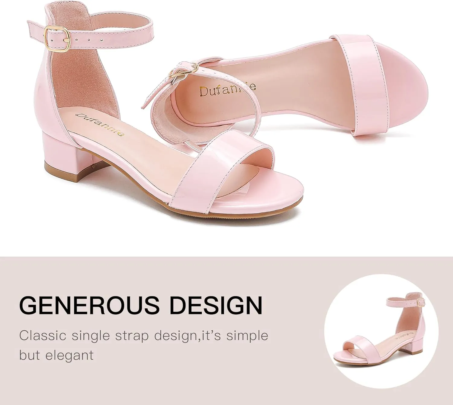 Dufannie Girls Sandals Low Heels Dress Pump Ankle Strap Open Toe Flower Girl Wedding Party for Toddler Little Big Kid