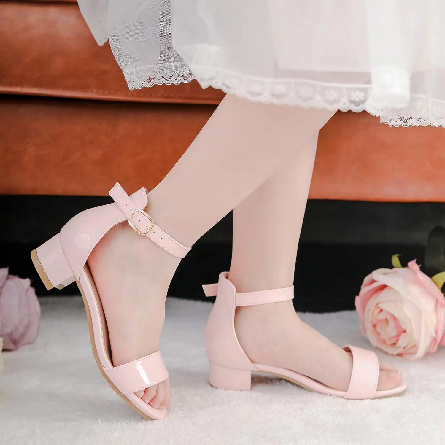 Dufannie Girls Sandals Low Heels Dress Pump Ankle Strap Open Toe Flower Girl Wedding Party for Toddler Little Big Kid