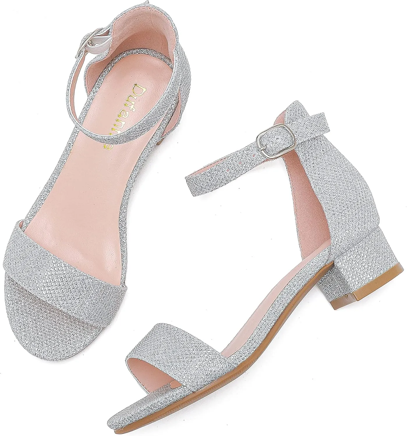 Dufannie Girls Sandals Low Heels Dress Pump Ankle Strap Open Toe Flower Girl Wedding Party for Toddler Little Big Kid