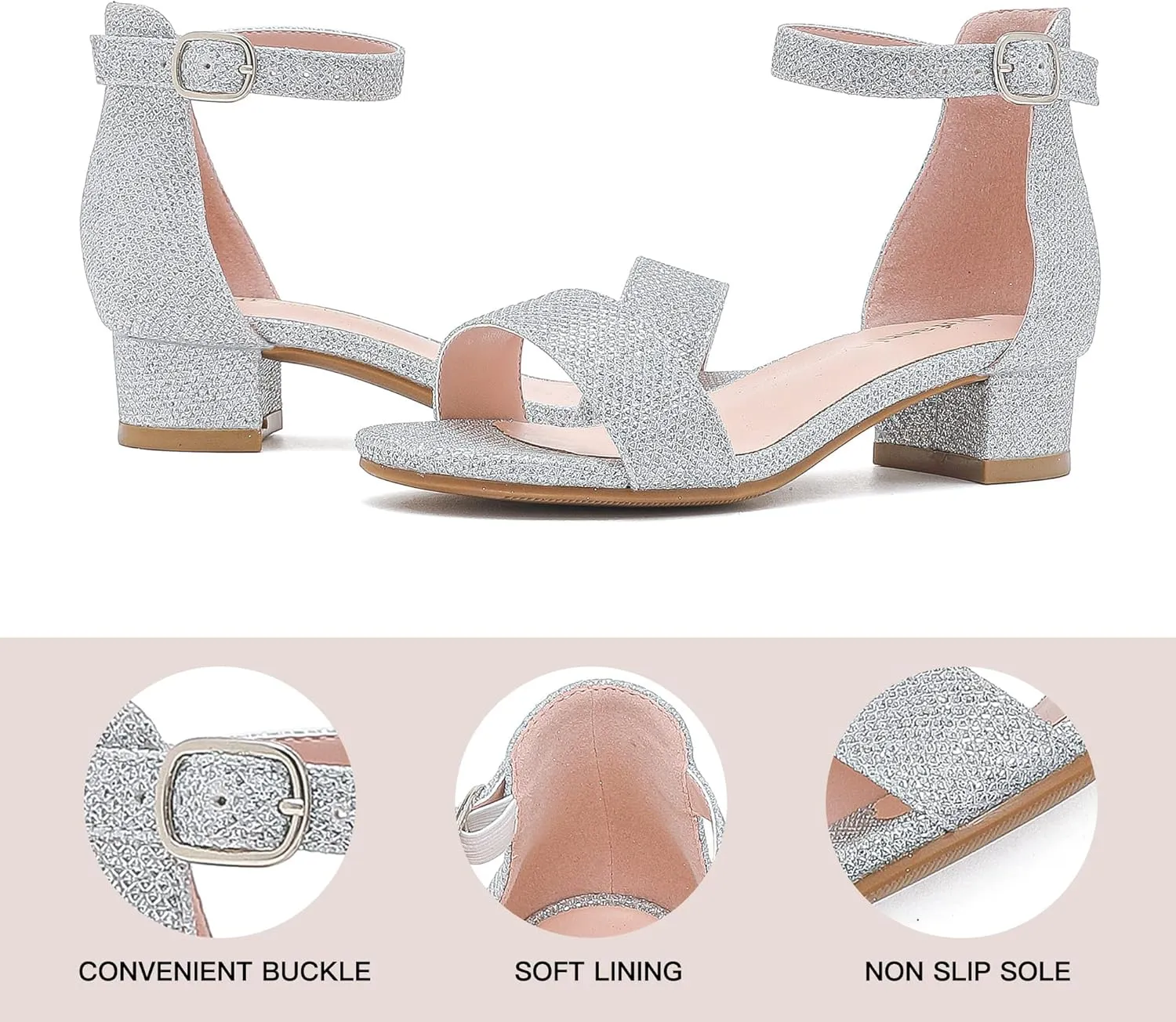 Dufannie Girls Sandals Low Heels Dress Pump Ankle Strap Open Toe Flower Girl Wedding Party for Toddler Little Big Kid