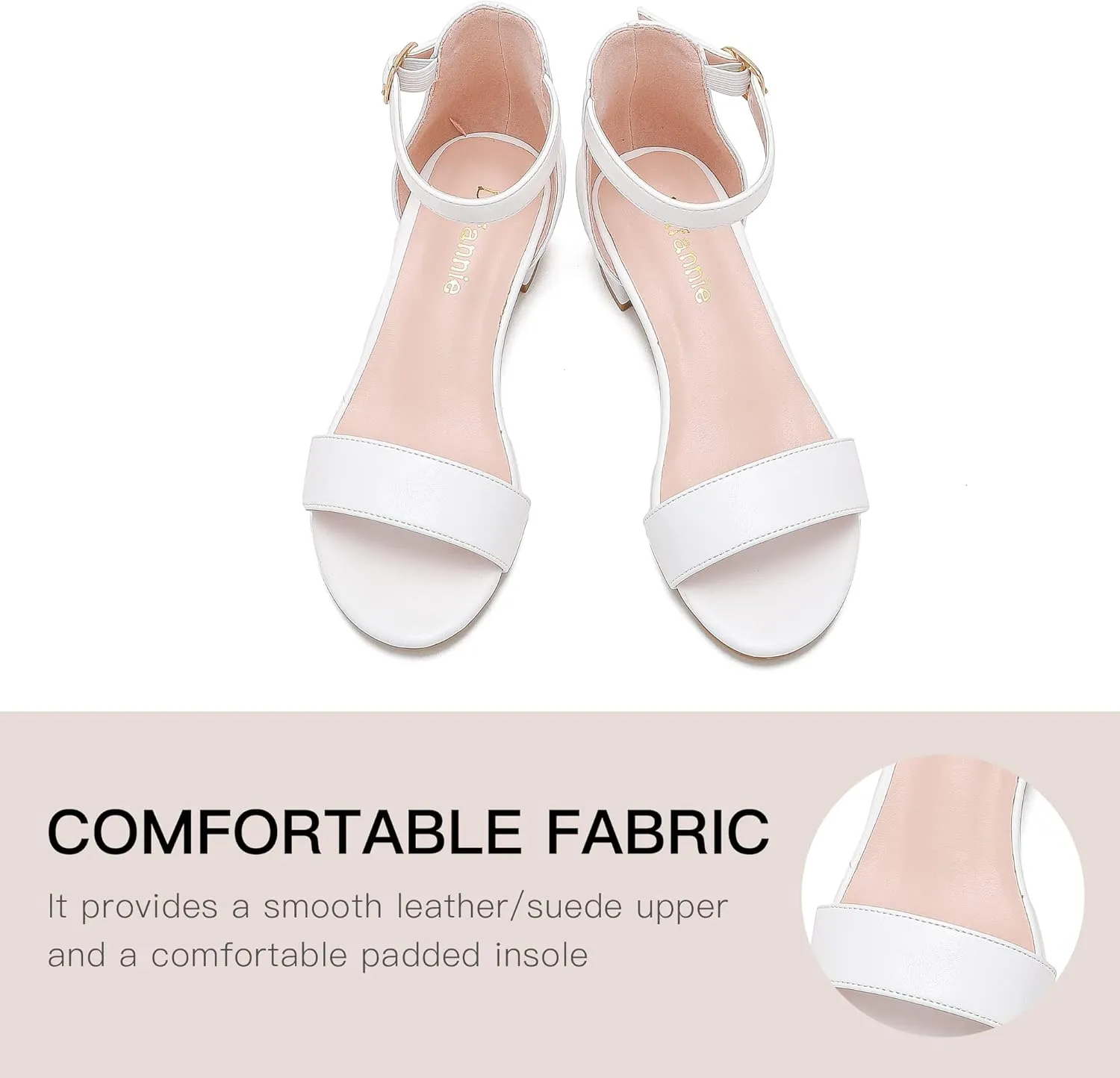 Dufannie Girls Sandals Low Heels Dress Pump Ankle Strap Open Toe Flower Girl Wedding Party for Toddler Little Big Kid