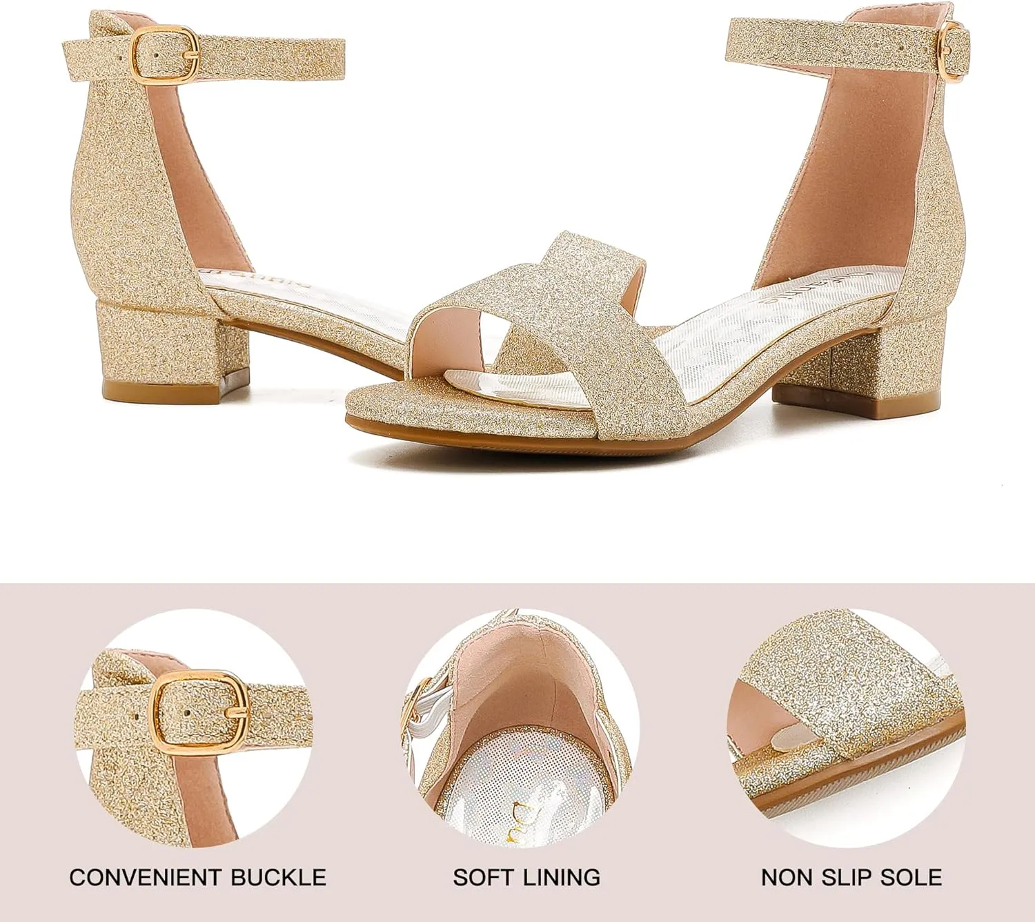 Dufannie Girls Sandals Low Heels Dress Pump Ankle Strap Open Toe Flower Girl Wedding Party for Toddler Little Big Kid