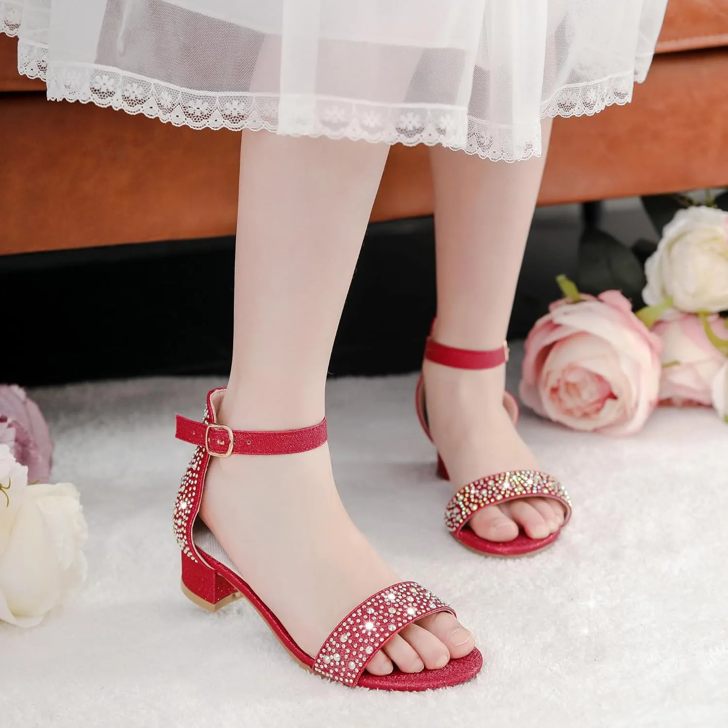 Dufannie Girls Sandals Low Heels Dress Pump Ankle Strap Open Toe Flower Girl Wedding Party for Toddler Little Big Kid