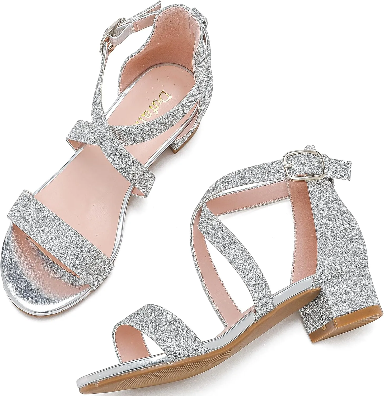 Dufannie Girls Sandals Low Heels Dress Pump Ankle Strap Open Toe Flower Girl Wedding Party for Toddler Little Big Kid