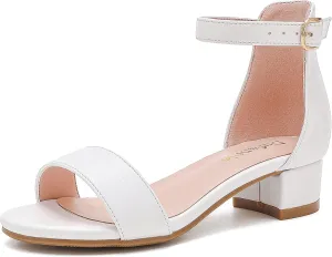 Dufannie Girls Sandals Low Heels Dress Pump Ankle Strap Open Toe Flower Girl Wedding Party for Toddler Little Big Kid
