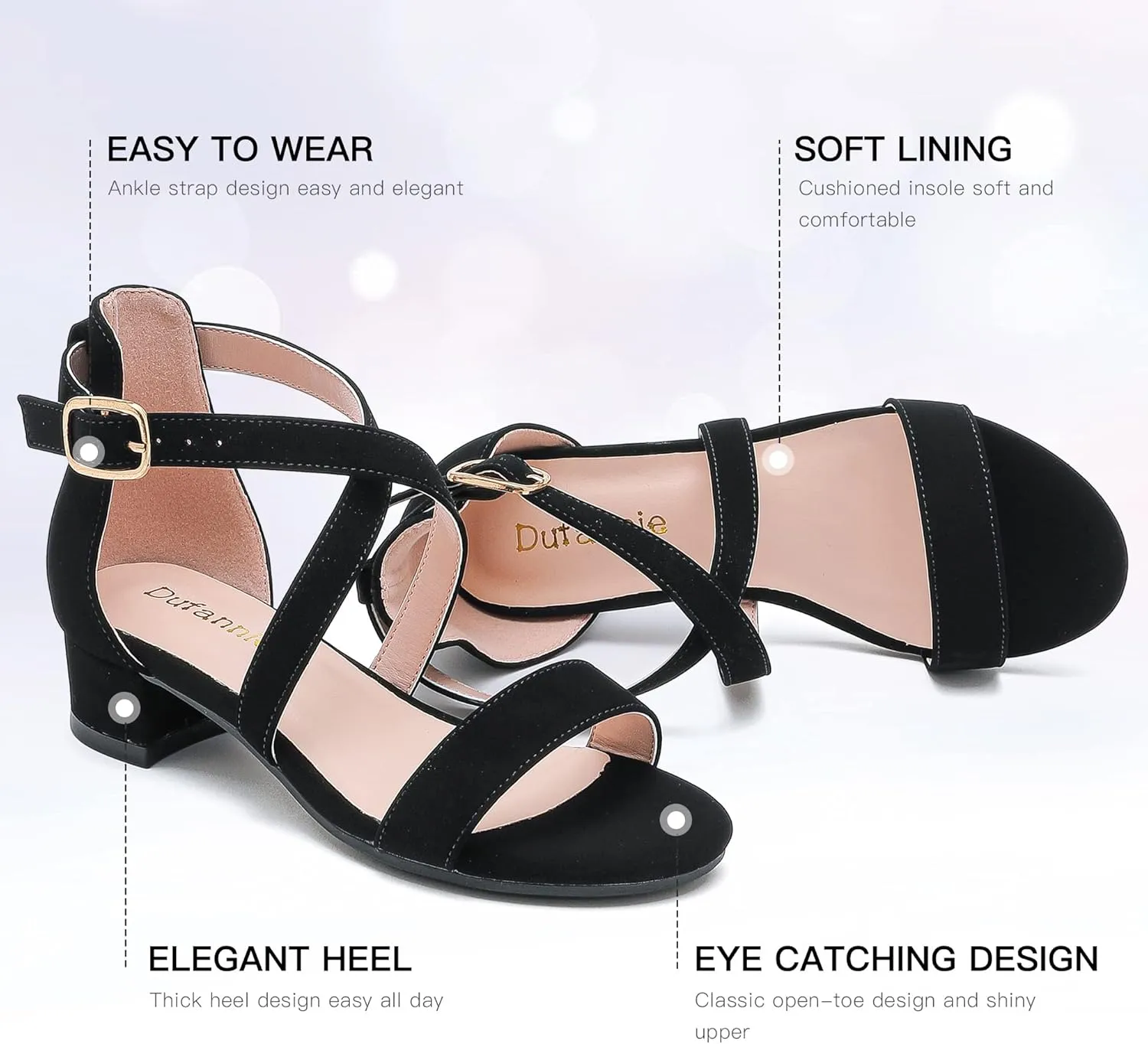 Dufannie Girls Sandals Low Heels Dress Pump Ankle Strap Open Toe Flower Girl Wedding Party for Toddler Little Big Kid