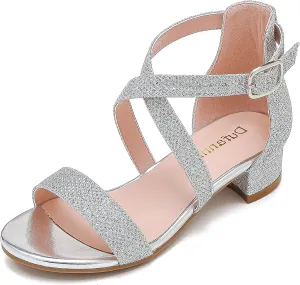 Dufannie Girls Sandals Low Heels Dress Pump Ankle Strap Open Toe Flower Girl Wedding Party for Toddler Little Big Kid