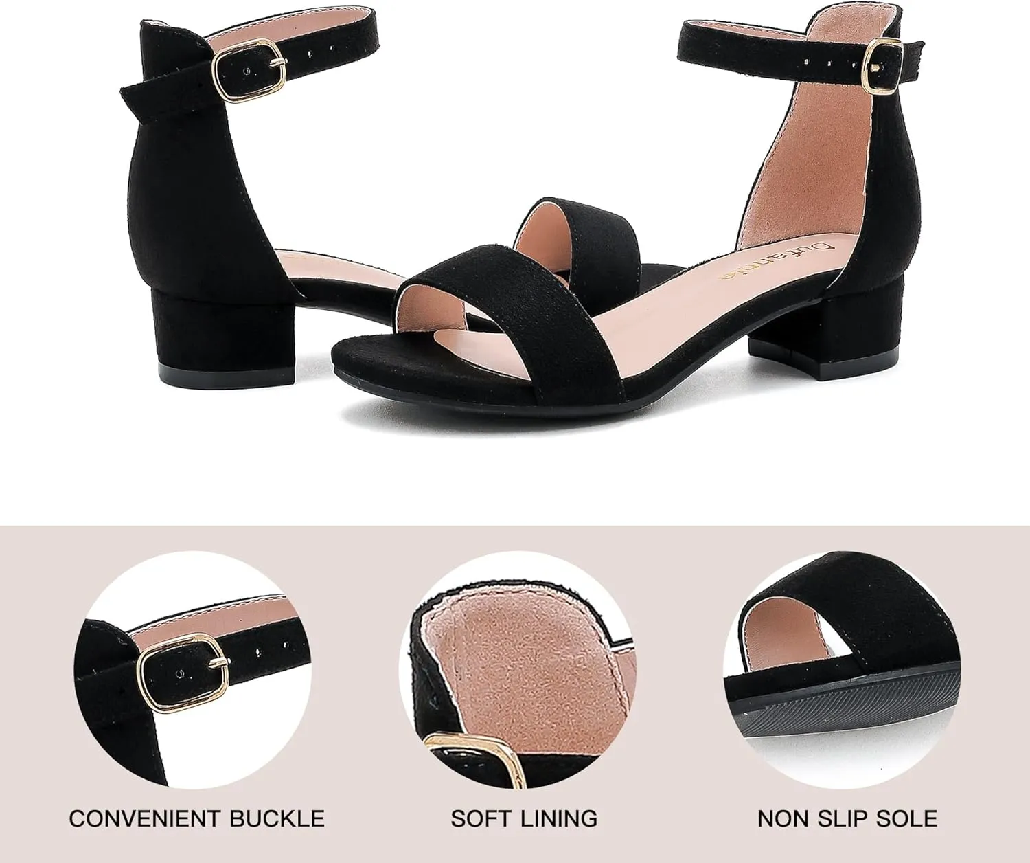 Dufannie Girls Sandals Low Heels Dress Pump Ankle Strap Open Toe Flower Girl Wedding Party for Toddler Little Big Kid