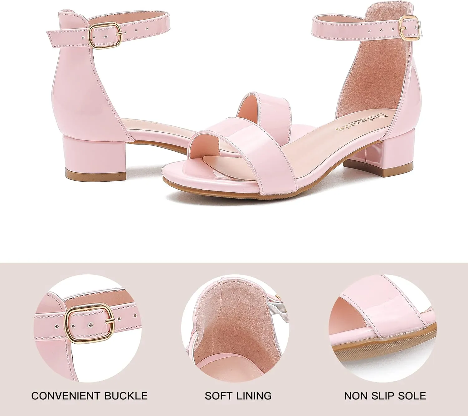 Dufannie Girls Sandals Low Heels Dress Pump Ankle Strap Open Toe Flower Girl Wedding Party for Toddler Little Big Kid