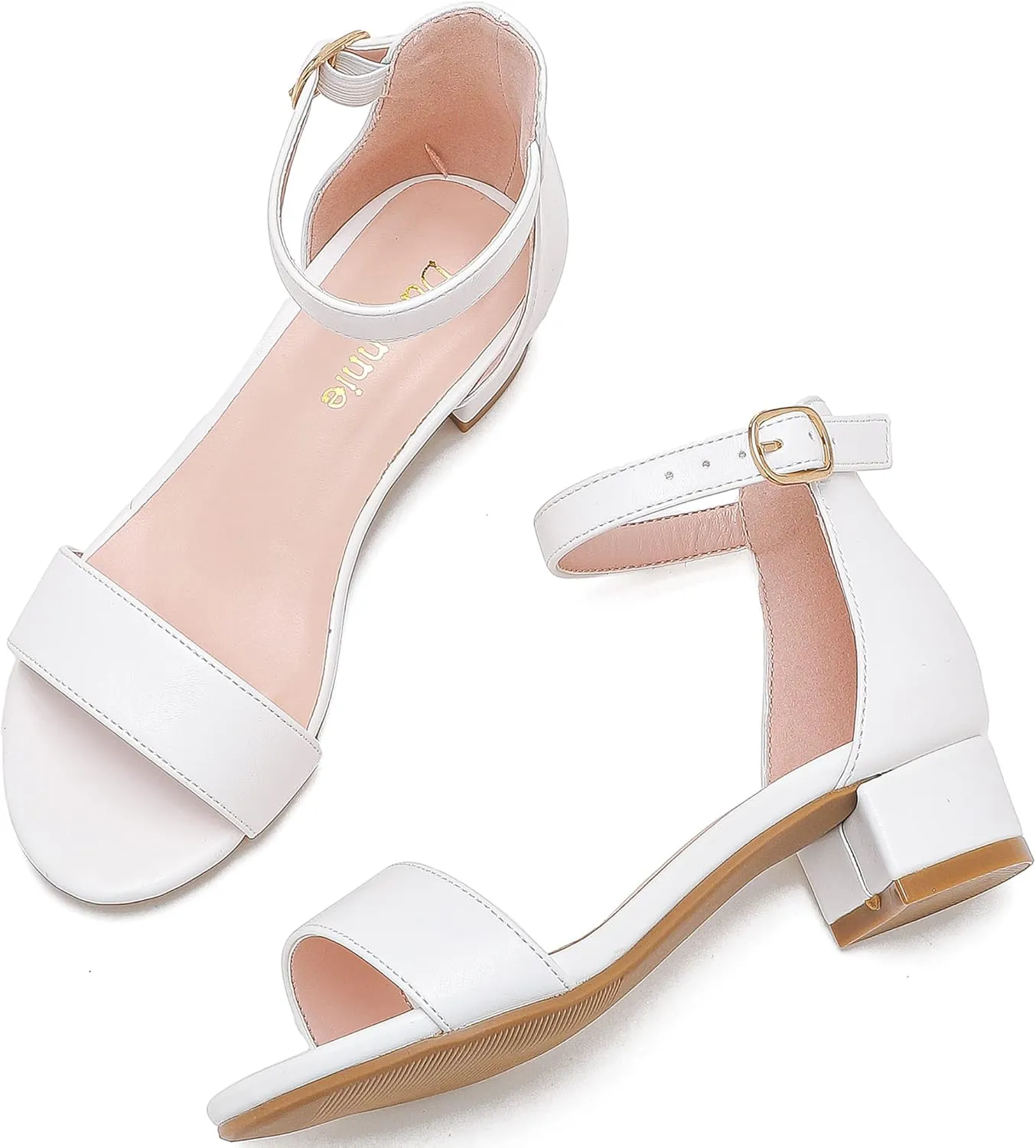Dufannie Girls Sandals Low Heels Dress Pump Ankle Strap Open Toe Flower Girl Wedding Party for Toddler Little Big Kid
