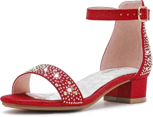 Dufannie Girls Sandals Low Heels Dress Pump Ankle Strap Open Toe Flower Girl Wedding Party for Toddler Little Big Kid