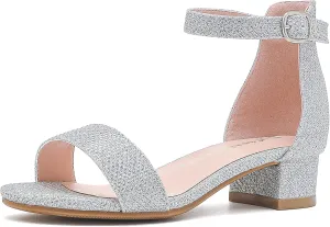 Dufannie Girls Sandals Low Heels Dress Pump Ankle Strap Open Toe Flower Girl Wedding Party for Toddler Little Big Kid
