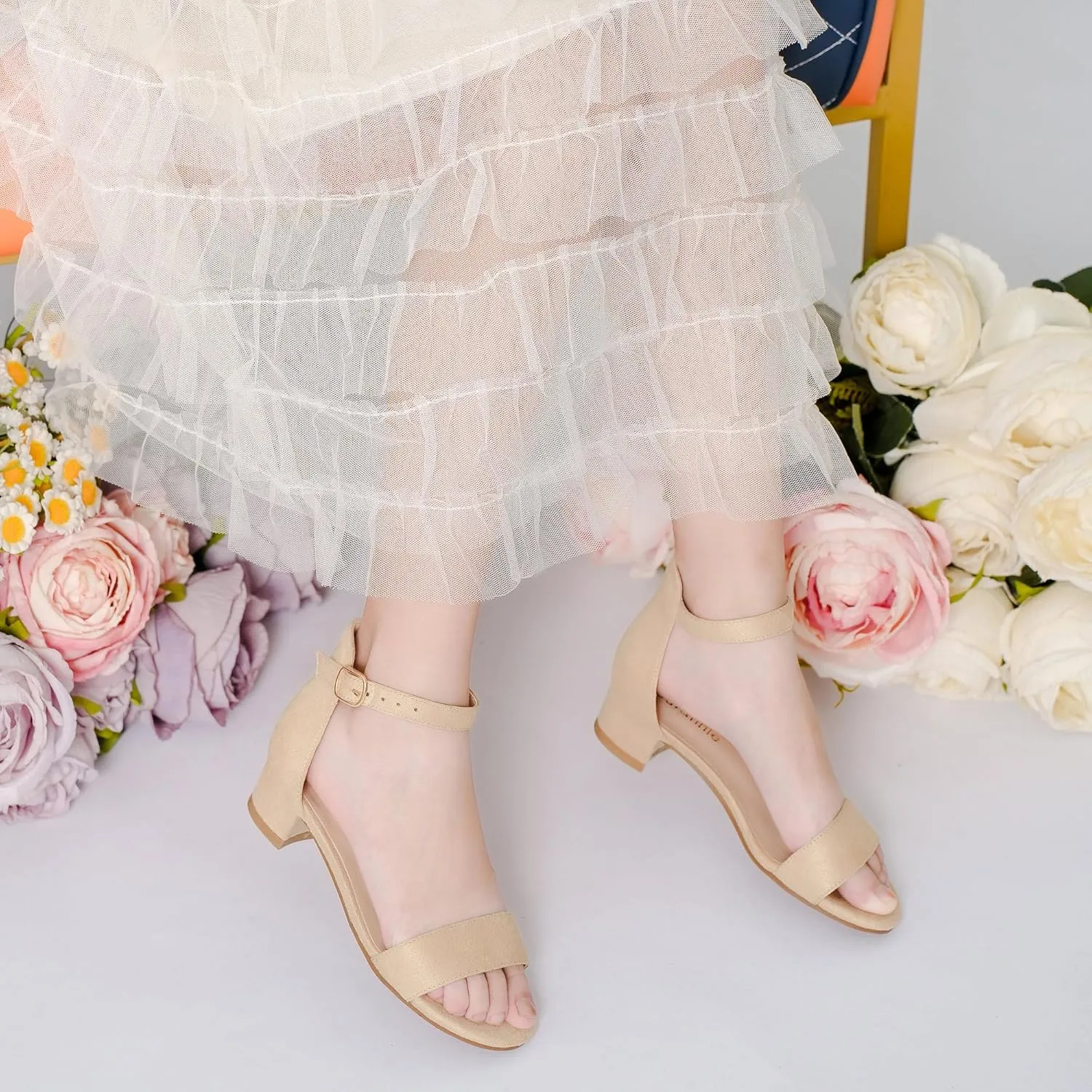 Dufannie Girls Sandals Low Heels Dress Pump Ankle Strap Open Toe Flower Girl Wedding Party for Toddler Little Big Kid