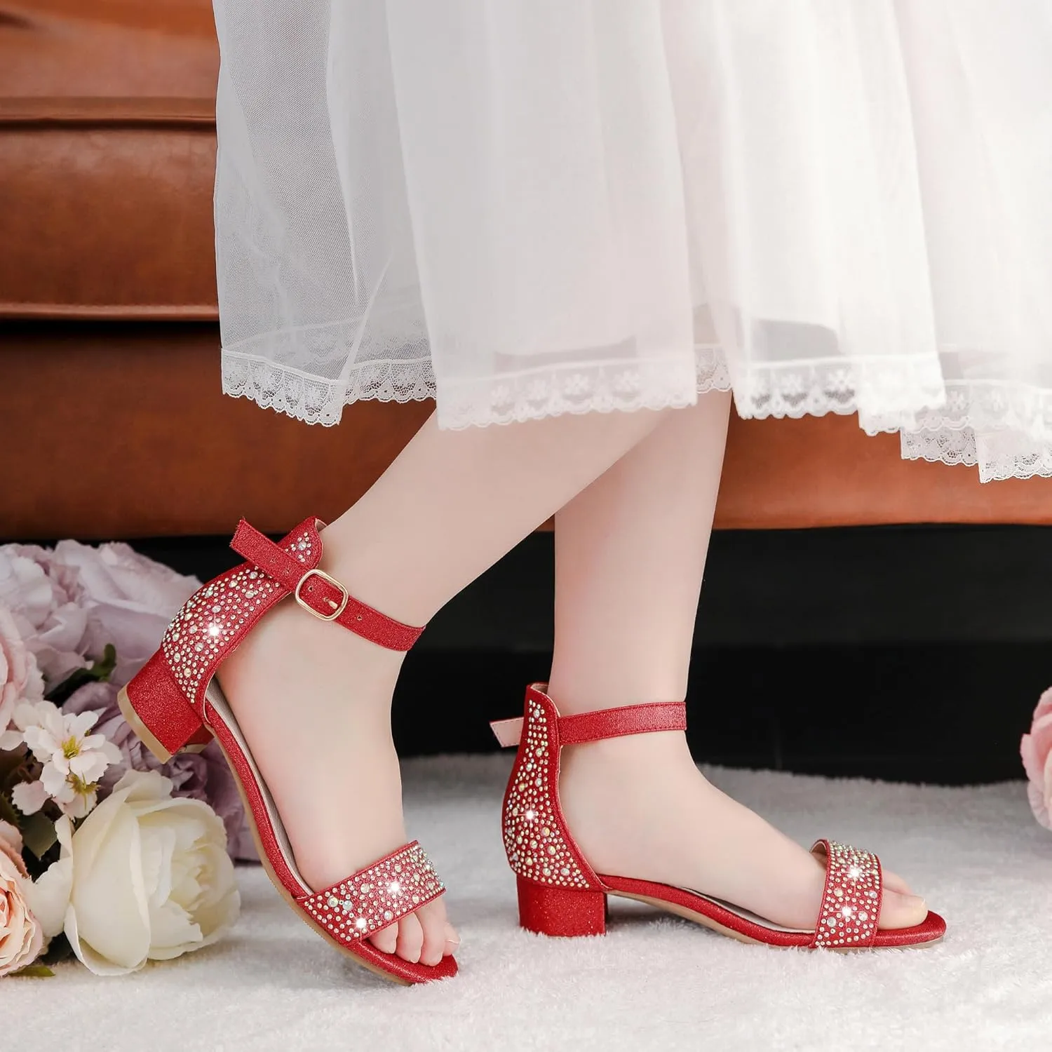 Dufannie Girls Sandals Low Heels Dress Pump Ankle Strap Open Toe Flower Girl Wedding Party for Toddler Little Big Kid