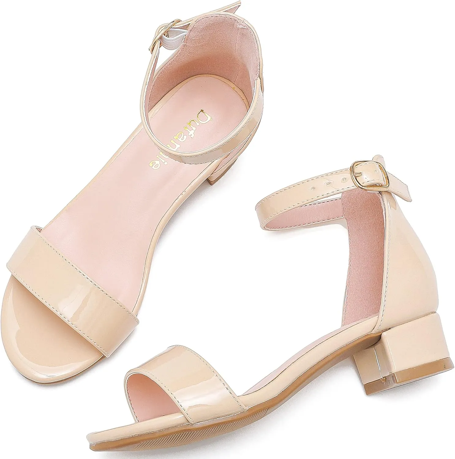 Dufannie Girls Sandals Low Heels Dress Pump Ankle Strap Open Toe Flower Girl Wedding Party for Toddler Little Big Kid