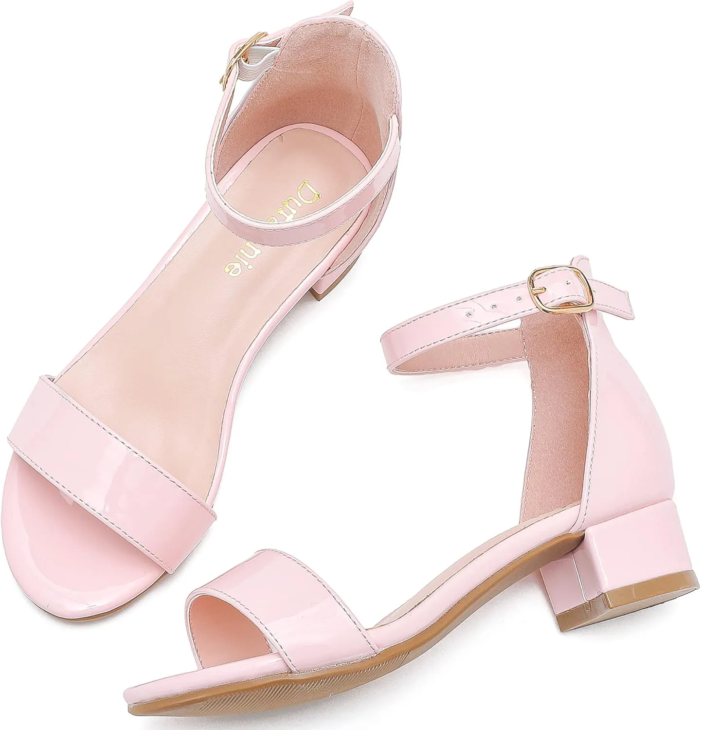 Dufannie Girls Sandals Low Heels Dress Pump Ankle Strap Open Toe Flower Girl Wedding Party for Toddler Little Big Kid
