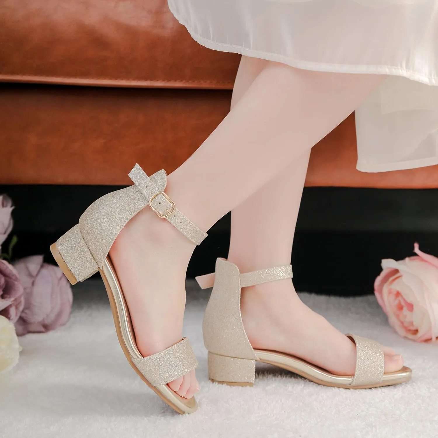 Dufannie Girls Sandals Low Heels Dress Pump Ankle Strap Open Toe Flower Girl Wedding Party for Toddler Little Big Kid