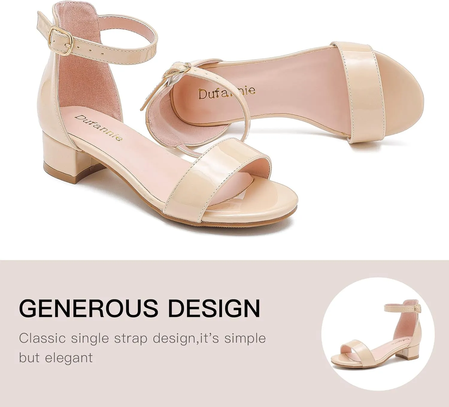 Dufannie Girls Sandals Low Heels Dress Pump Ankle Strap Open Toe Flower Girl Wedding Party for Toddler Little Big Kid