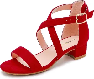 Dufannie Girls Sandals Low Heels Dress Pump Ankle Strap Open Toe Flower Girl Wedding Party for Toddler Little Big Kid