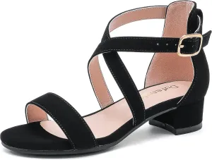 Dufannie Girls Sandals Low Heels Dress Pump Ankle Strap Open Toe Flower Girl Wedding Party for Toddler Little Big Kid