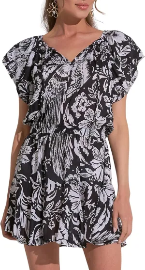 ELAN Women's Short Sleeve Elastic Waist Flowy Mini Dress
