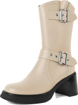Eldof Mid Calf Boots for Women Platform Chunky Heel Booties with Buckles Square Toe Side Zipper Biker Motorcycle Leather Boots Women Fall Winter 3 Inches