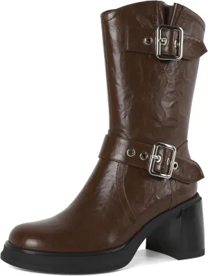 Eldof Mid Calf Boots for Women Platform Chunky Heel Booties with Buckles Square Toe Side Zipper Biker Motorcycle Leather Boots Women Fall Winter 3 Inches
