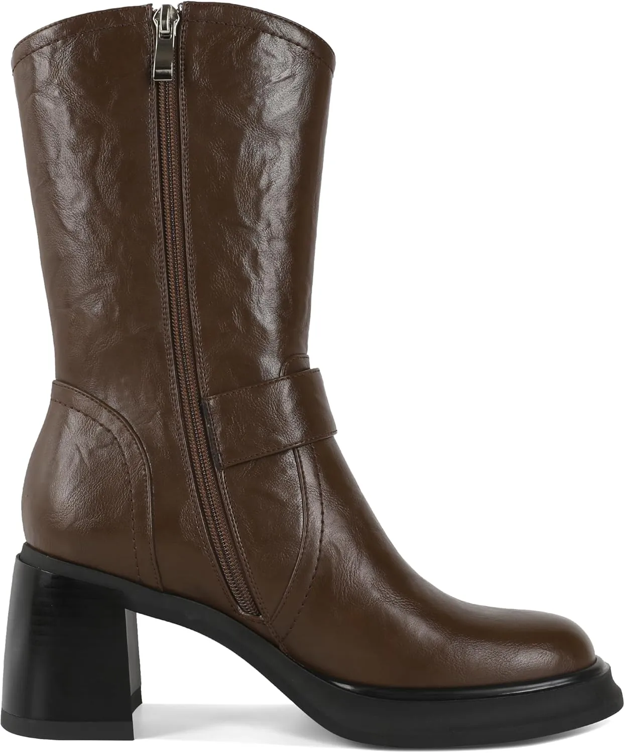 Eldof Mid Calf Boots for Women Platform Chunky Heel Booties with Buckles Square Toe Side Zipper Biker Motorcycle Leather Boots Women Fall Winter 3 Inches
