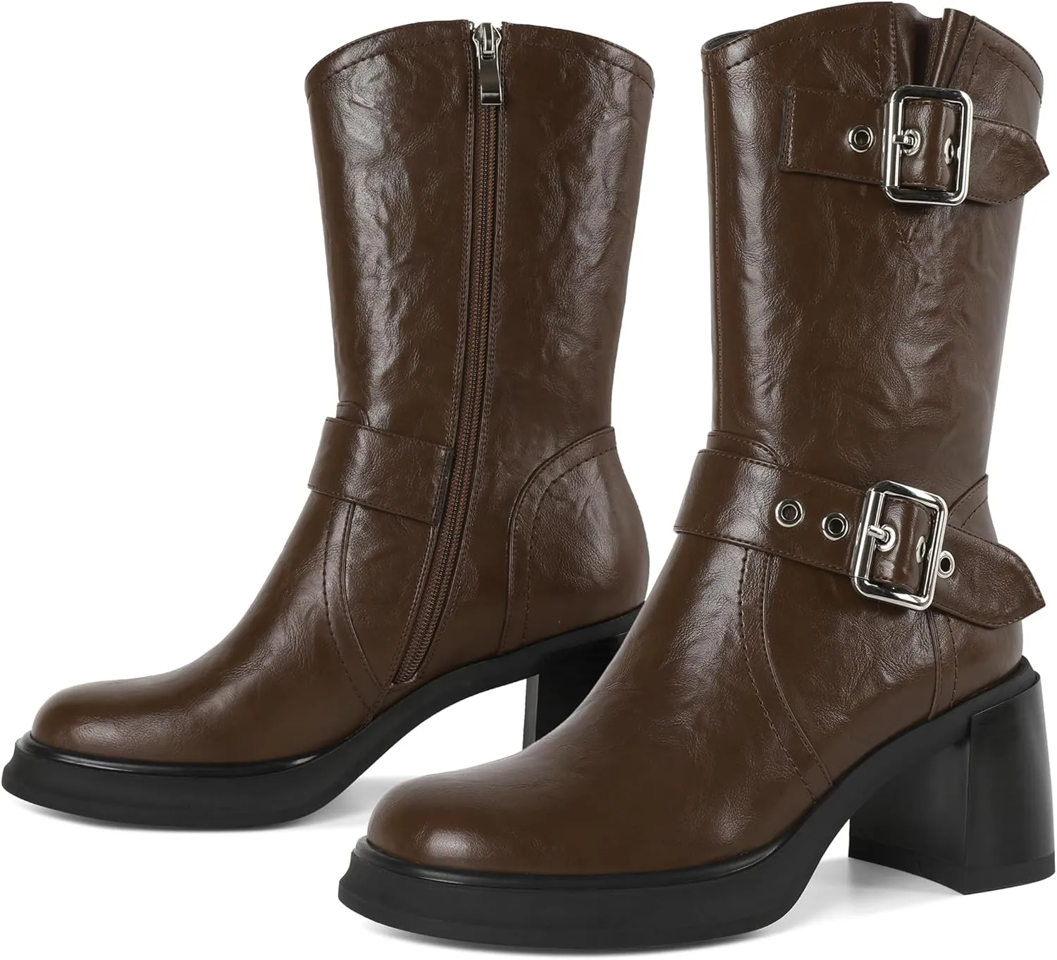 Eldof Mid Calf Boots for Women Platform Chunky Heel Booties with Buckles Square Toe Side Zipper Biker Motorcycle Leather Boots Women Fall Winter 3 Inches