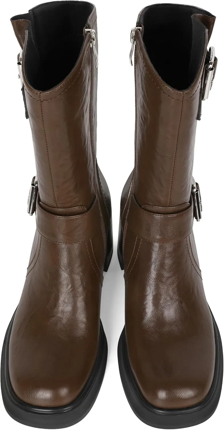 Eldof Mid Calf Boots for Women Platform Chunky Heel Booties with Buckles Square Toe Side Zipper Biker Motorcycle Leather Boots Women Fall Winter 3 Inches