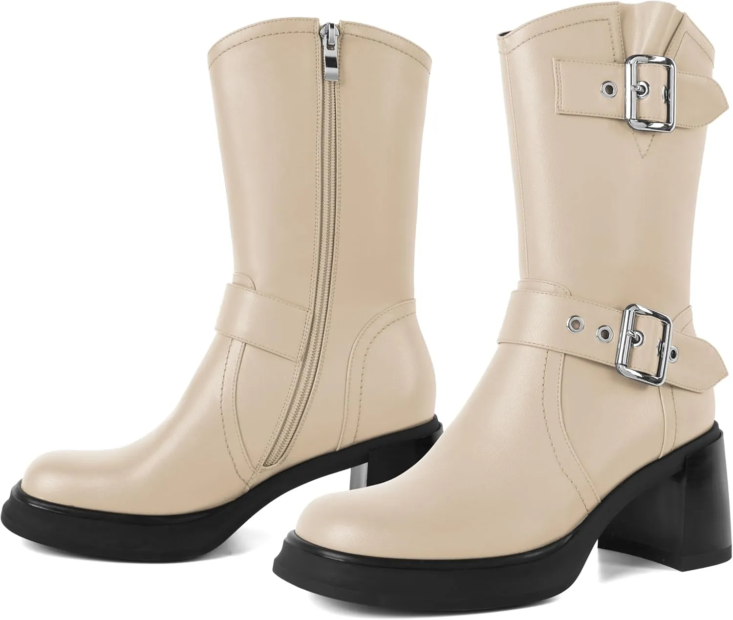 Eldof Mid Calf Boots for Women Platform Chunky Heel Booties with Buckles Square Toe Side Zipper Biker Motorcycle Leather Boots Women Fall Winter 3 Inches