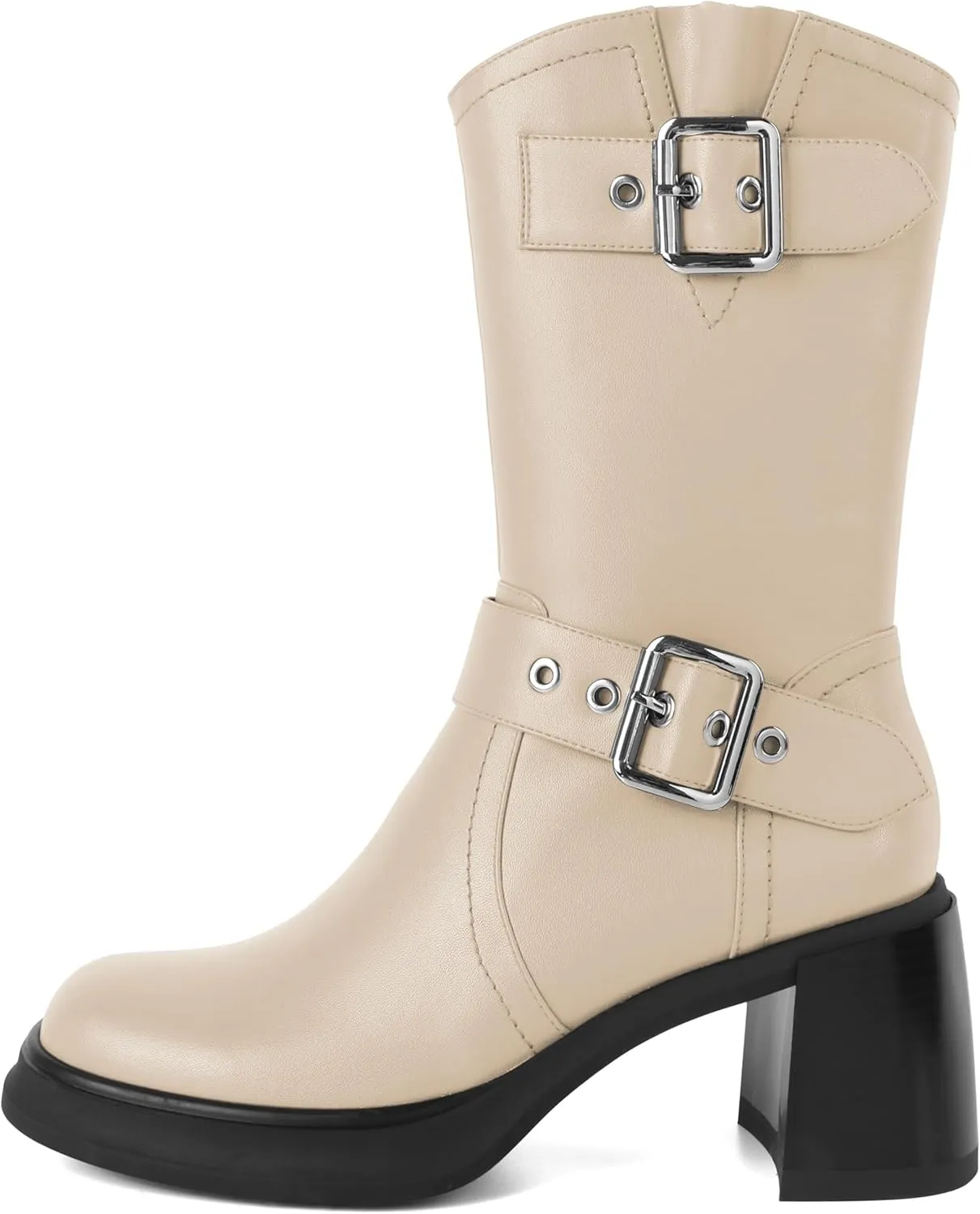 Eldof Mid Calf Boots for Women Platform Chunky Heel Booties with Buckles Square Toe Side Zipper Biker Motorcycle Leather Boots Women Fall Winter 3 Inches