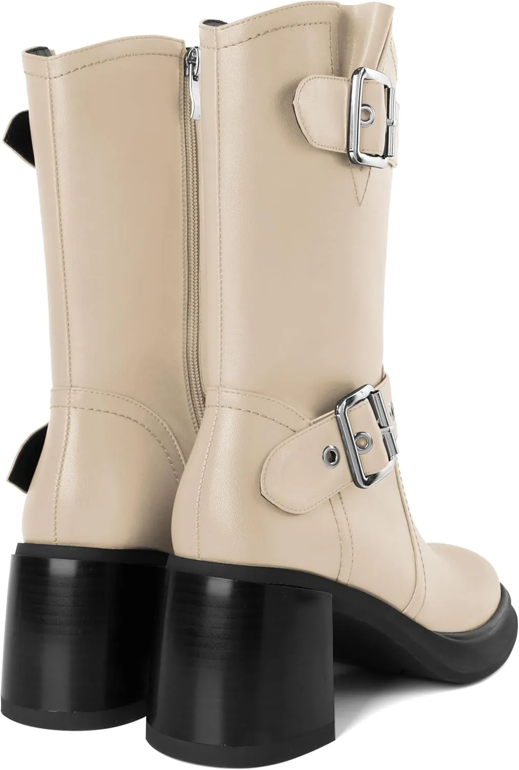 Eldof Mid Calf Boots for Women Platform Chunky Heel Booties with Buckles Square Toe Side Zipper Biker Motorcycle Leather Boots Women Fall Winter 3 Inches