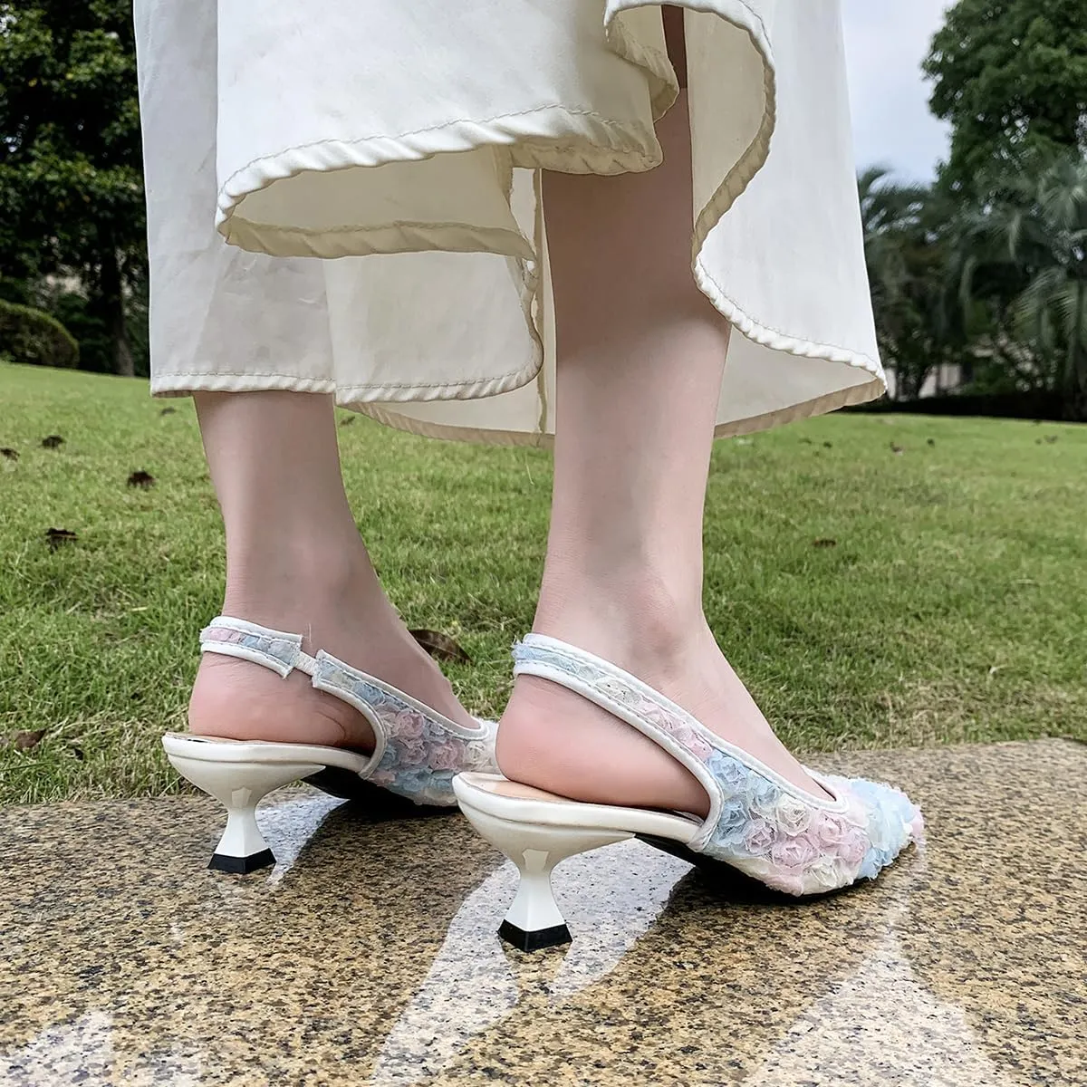Elegant Lace Kitten Heels for Women - Slingback Pointed Toe Floral Mesh Dress Shoes - Low Heel Formal Wedding Guest Party Sandals