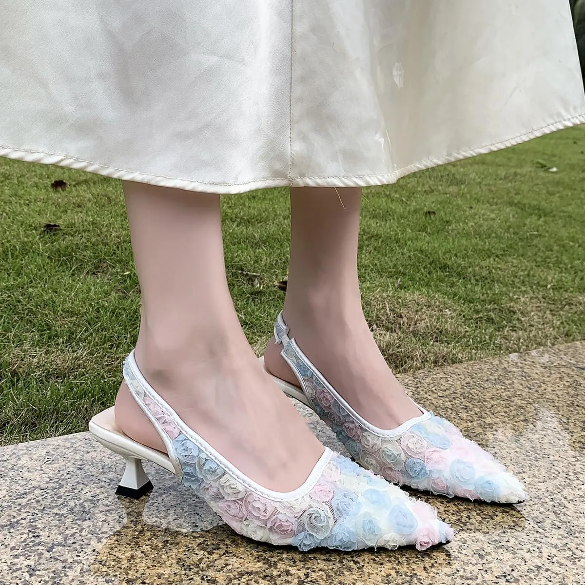 Elegant Lace Kitten Heels for Women - Slingback Pointed Toe Floral Mesh Dress Shoes - Low Heel Formal Wedding Guest Party Sandals